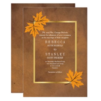 Orange maple leaves on brown stained paper wedding invitation