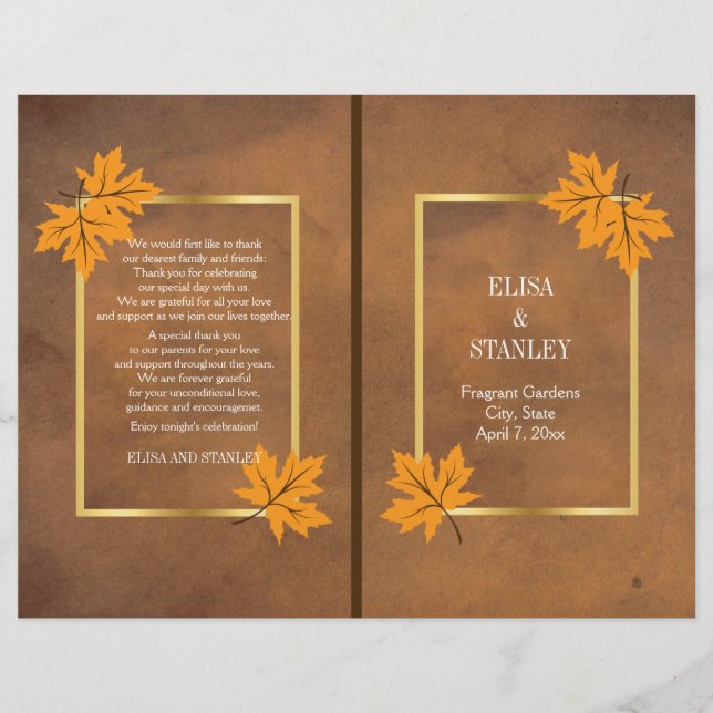 Orange maple leaves on brown wedding program (Front)