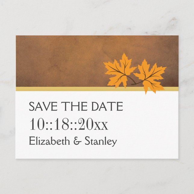Orange maple leaves on brown wedding Save the Date Announcement Postcard (Front)