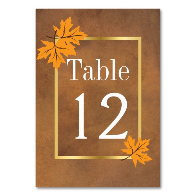 Orange maple leaves on brown wedding table number (Front)
