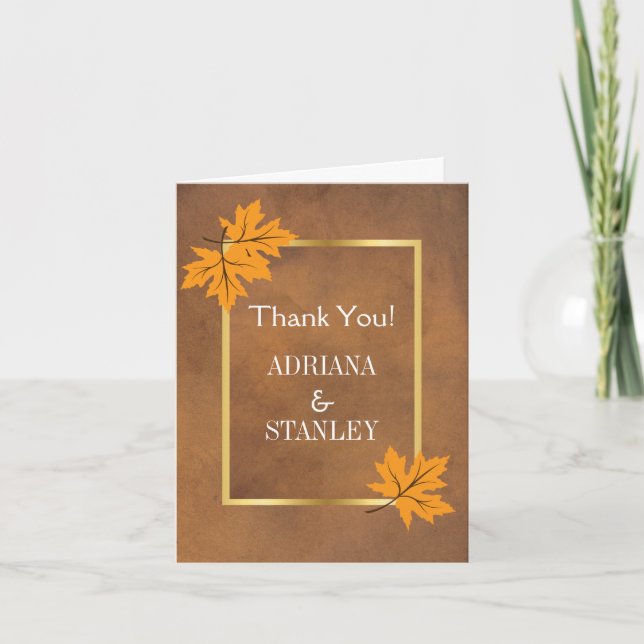 Orange maple leaves on brown wedding Thank You (Front)