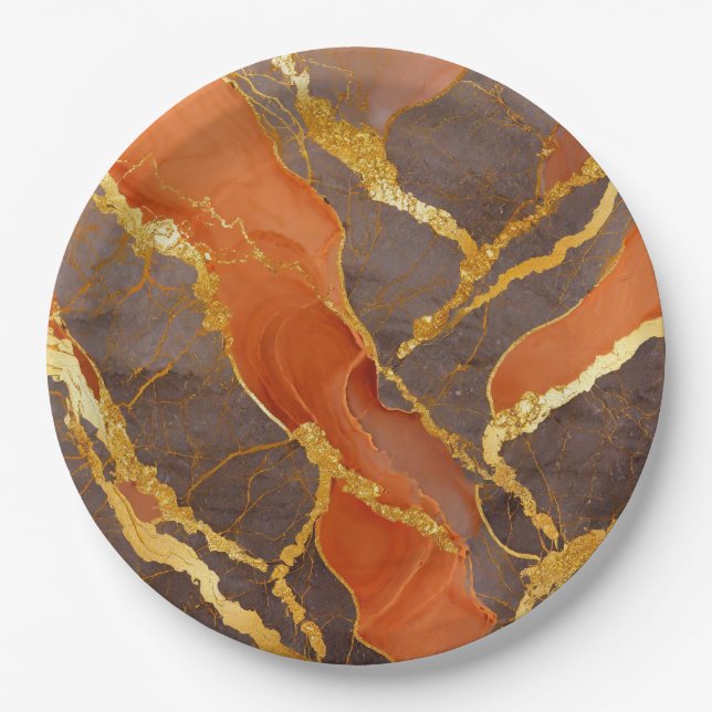 Orange Marble Pattern with Gold Paper Plates (Front)