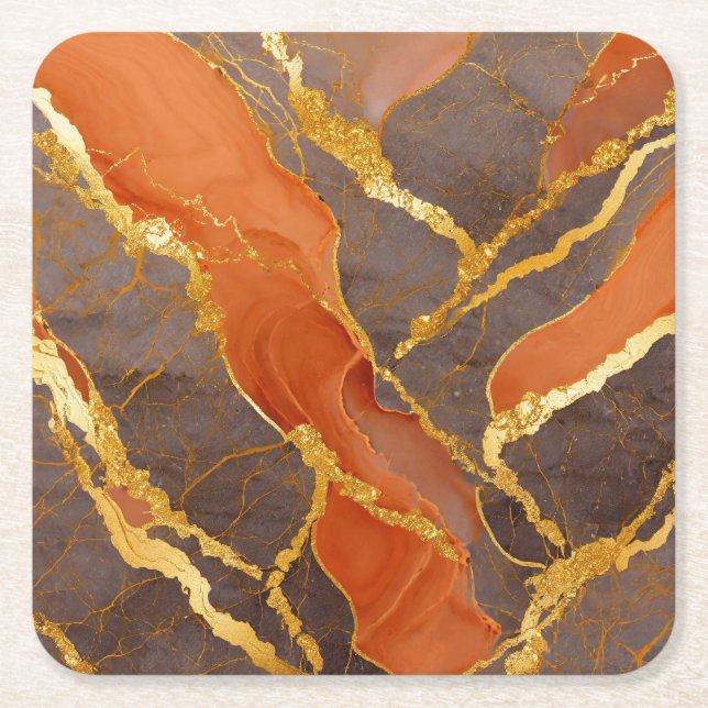 Orange Marble Pattern with Gold Square Paper Coaster (Front)