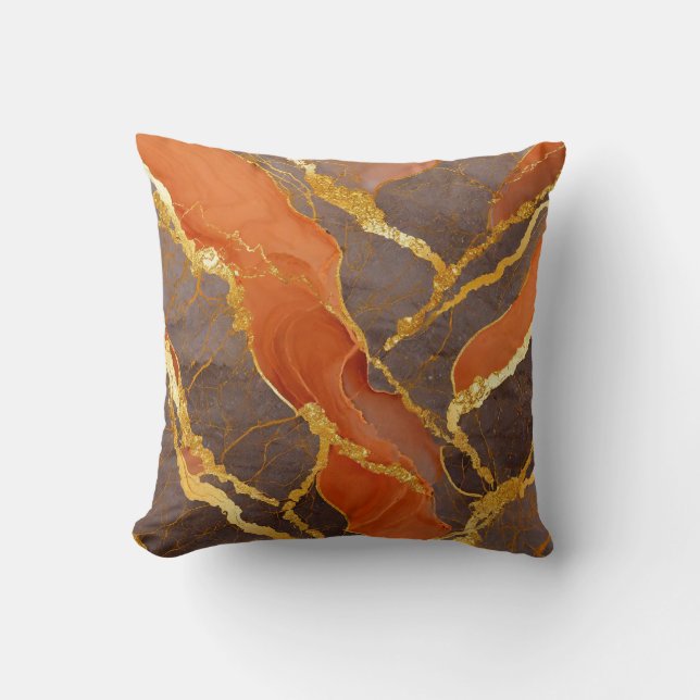 Orange Marble Pattern with Gold Throw Pillow (Front)