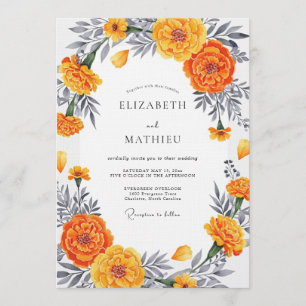 Orange Marigold Bloom Romantic Wedding Invitation