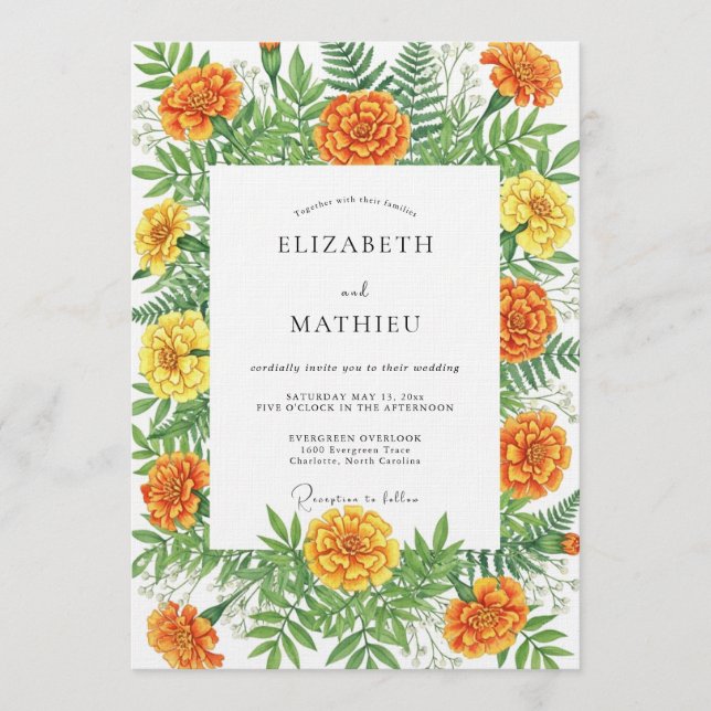 Orange Marigold Botanical Autumn Wedding Invitation (Front)