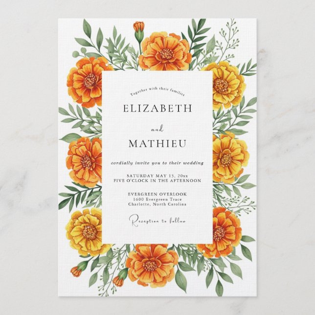 Orange Marigold Botanical Flourish Wedding Invitation (Front)