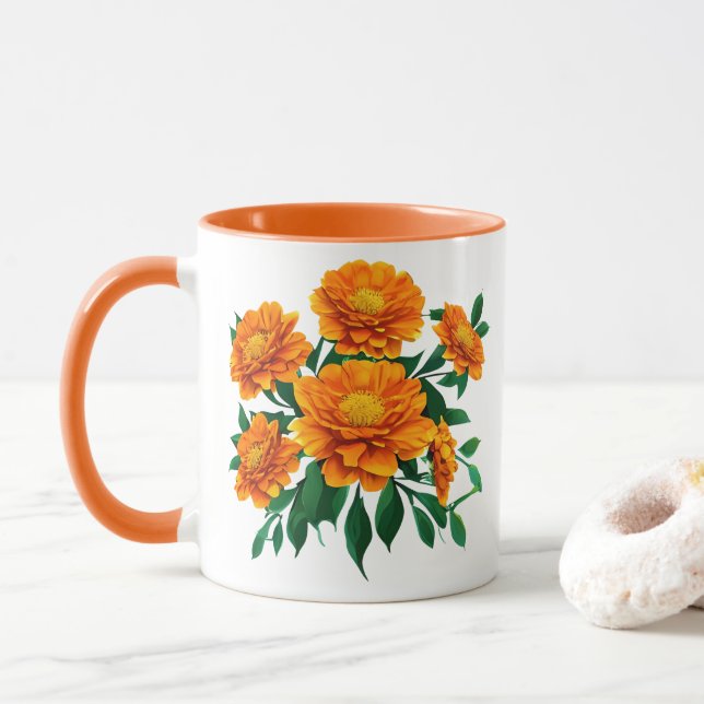 Orange Marigold Bouquet with Green Leaves  Mug (With Donut)