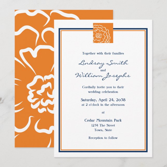 Orange Marigold Flower Floral and Blue Wedding Invitation (Front/Back)