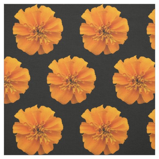 Orange Marigold Flowers on Black Background Fabric