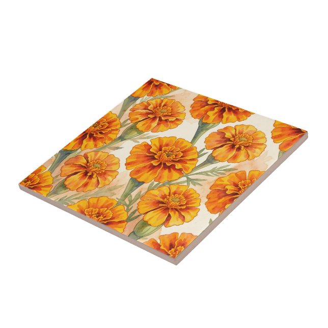 Orange marigold flowers pattern ceramic tile (Side)
