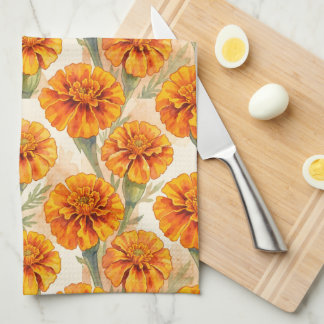 Orange marigold flowers pattern kitchen towel