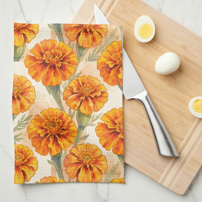 Orange marigold flowers pattern kitchen towel (Quarter Fold)