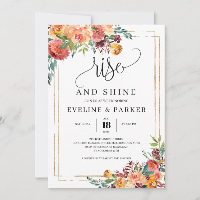 Orange marigold flowers rise and shine invitation (Front)