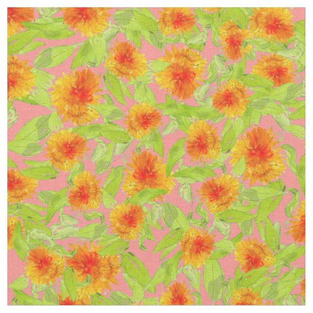 Orange Marigold Pattern on Pink Floral Fabric (Close Up)