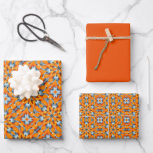 Orange, Marigold, Silver & Platinum Burst Pattern Wrapping Paper Sheets