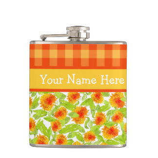 Orange Marigolds and Check Gingham Hip Flask