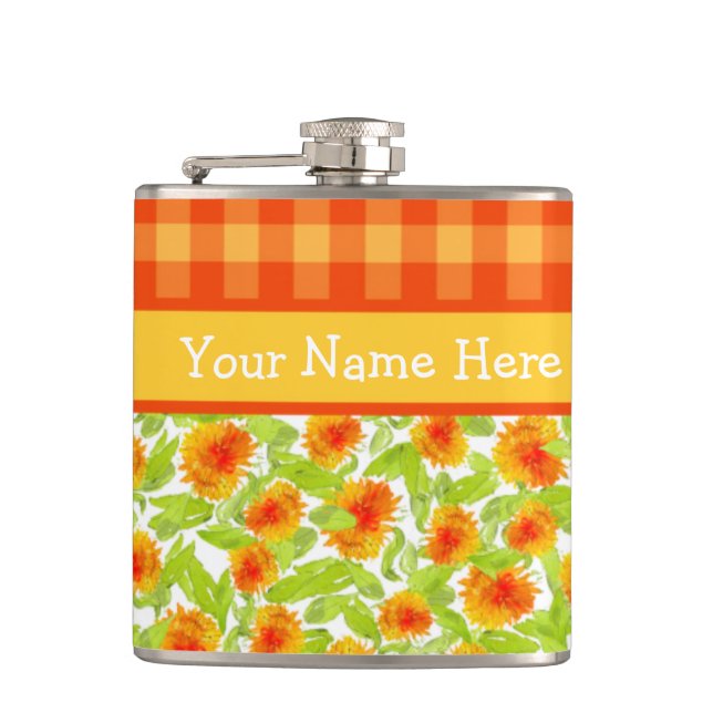 Orange Marigolds and Check Gingham Hip Flask (Front)