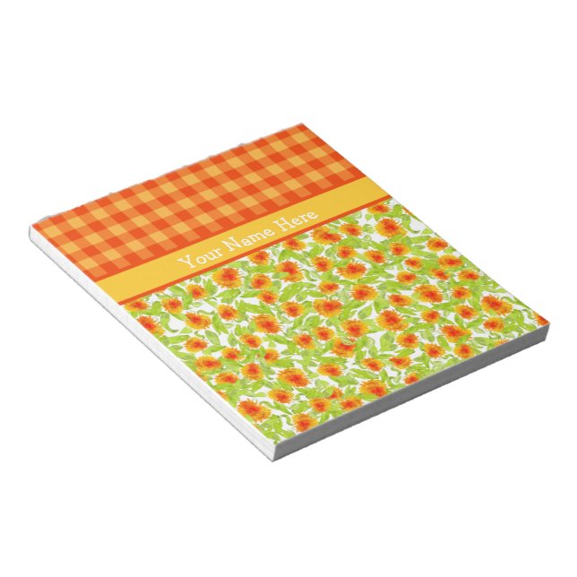 Orange Marigolds and Check Gingham Notepad, Jotter Notepad (Angled)