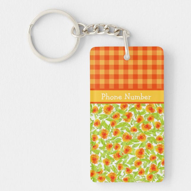 Orange Marigolds and Check Gingham Oblong Keychain (Front)