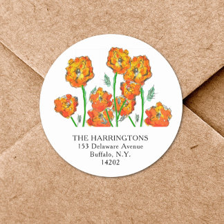 Orange Marigolds Hand-Drawn Floral Return Address Classic Round Sticker