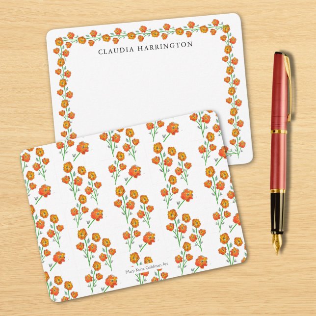 Orange Marigolds Hand-Illustrated Floral Botanical Note Card (The reverse of the card is my handcrafted marigold pattern. These cards are perfect for quick notes.)