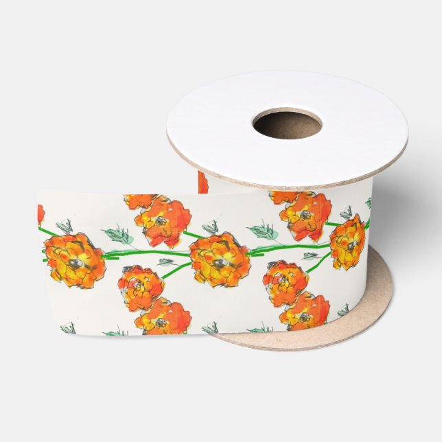 Orange Marigolds Hand-Illustrated Floral Botanical Satin Ribbon (Spool)