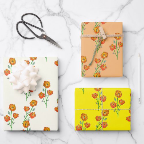 Orange Marigolds Hand_Illustrated Floral Botanical Wrapping Paper Sheets