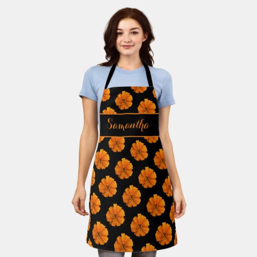 Orange Marigolds on Black Personalized Apron