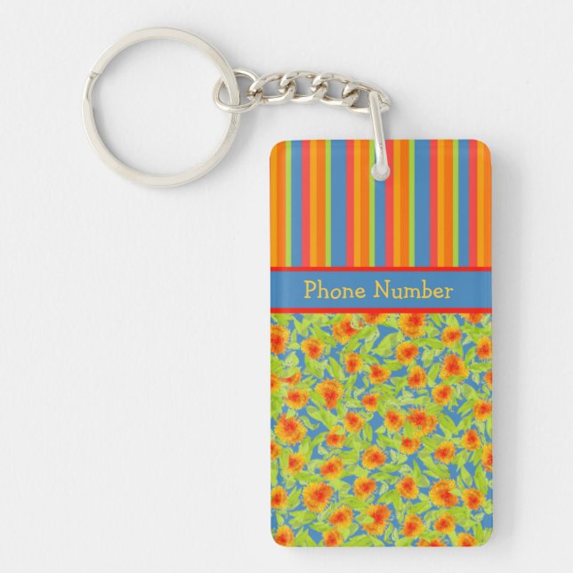 Orange Marigolds, Stripes Keychain to Personalize (Front)