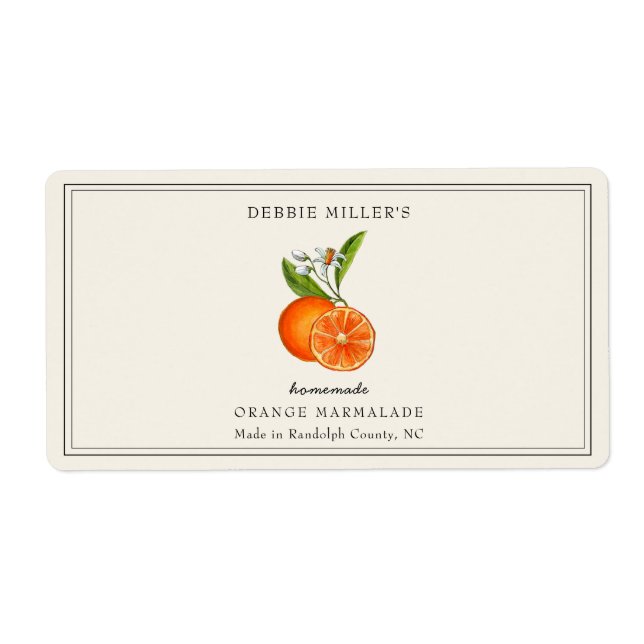 Orange marmalade Jam Jar on Off white rectangular Label (Front)