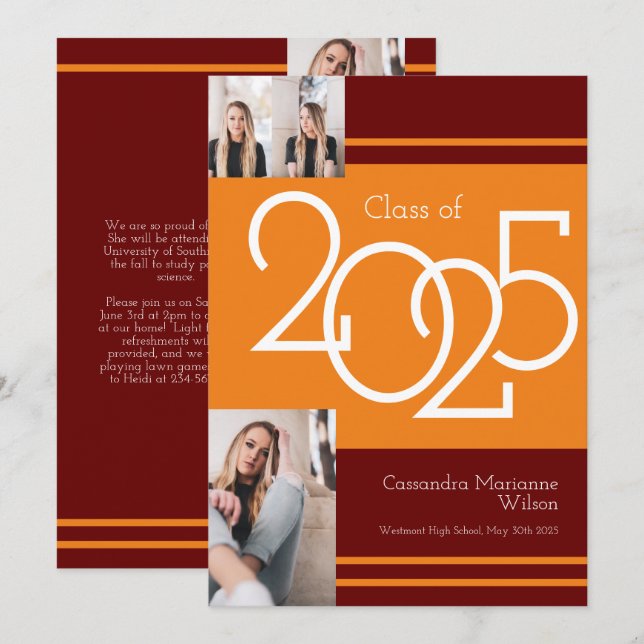 Orange Maroon School Color Graduation Announcement (Front/Back)