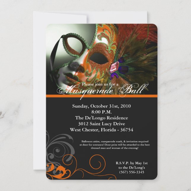 Orange Masquerade Ball Mask Costume Halloween Part Invitation (Front)