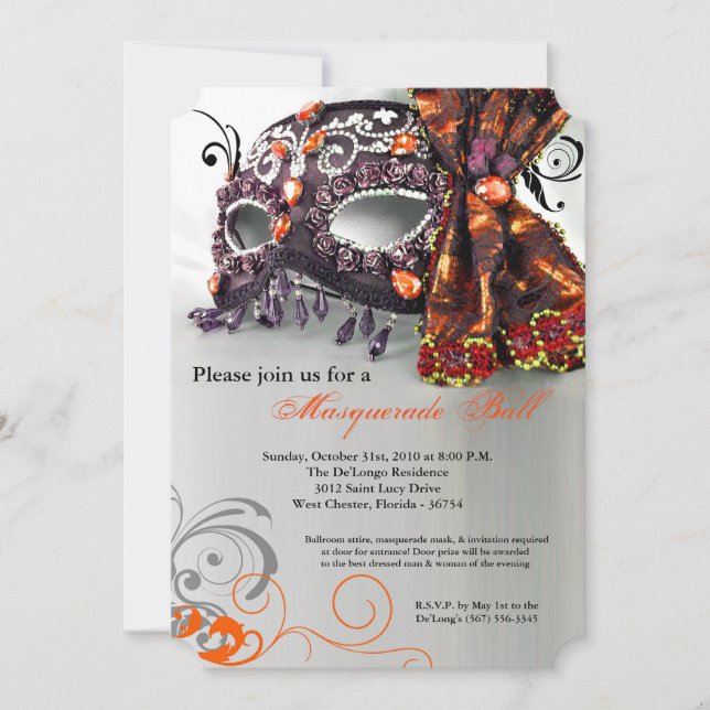 Orange Masquerade Mask Ball Costume Halloween Invitation (Front)