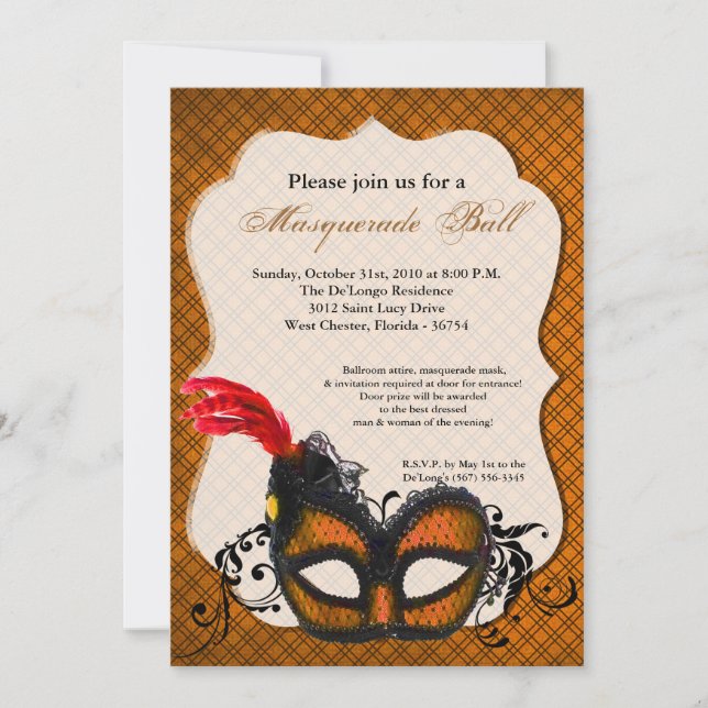Orange Masquerade Mask Ball Costume Halloween Invitation (Front)