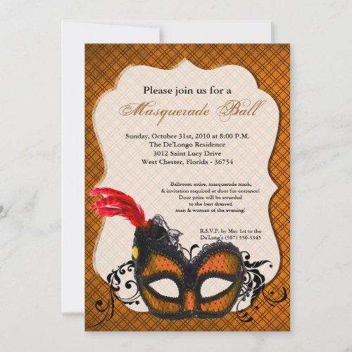 Orange Masquerade Mask Ball Costume Halloween Invitation