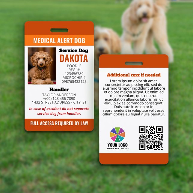 Orange Medical Alert Dog Logo QR Photo ID Badge (Creator Uploaded)