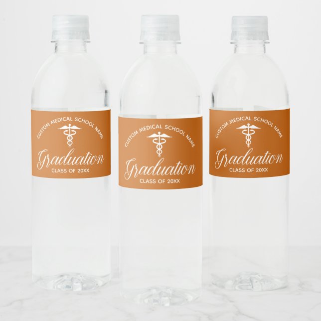 Orange Medical School Custom Graduation Party Water Bottle Label (Bottles)