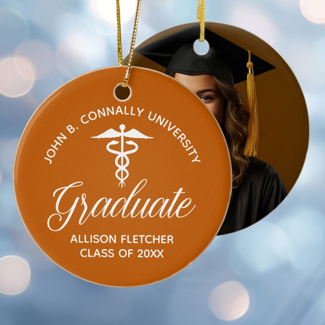 Orange Medical School Graduate Photo Christmas Ceramic Ornament (Creator Uploaded)