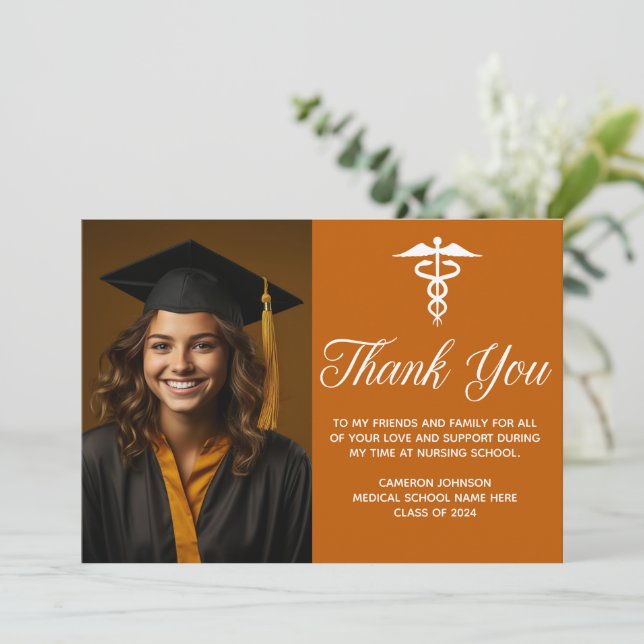Orange Medical School Graduation Photo Custom Thank You Card (Standing Front)