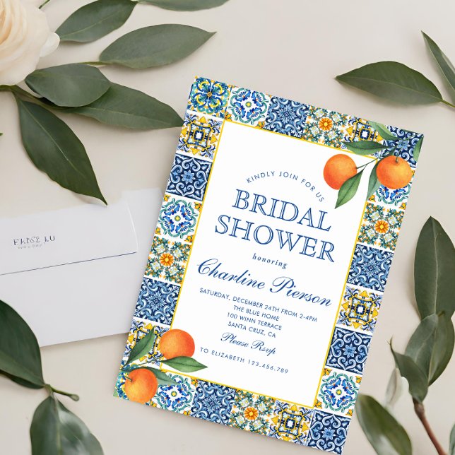 Orange MediterraneanBlue tile Bridal Shower Invitation (Creator Uploaded)