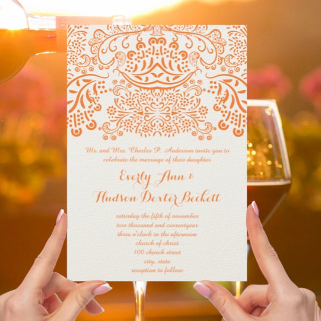 Orange Mehndi Lace Bohemian Wedding Invitation (Creator Uploaded)