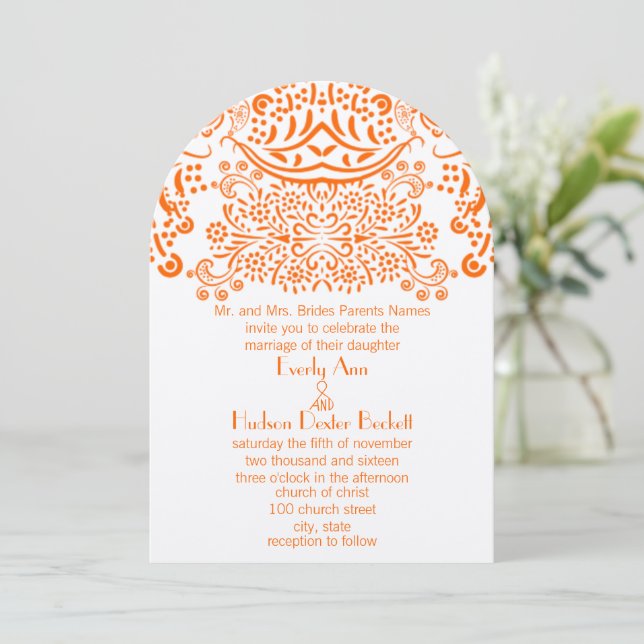 Orange Mehndi Lace Pattern Wedding Invitation (Standing Front)