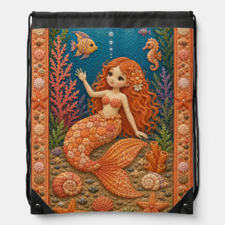 Orange Mermaid Quilt Drawstring Bag