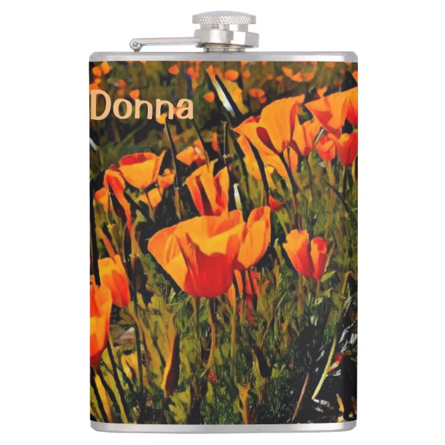 Orange Mexican Gold Poppies blooming in spring Hip Flask (Front)