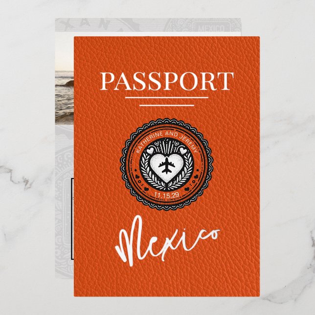 Orange Mexico Passport Wedding Foil Invitation (Front/Back)