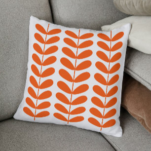 Orange Mid-century Modern Plant Pattern Throw Pillow