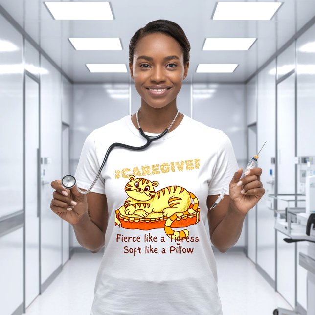 Orange Mini Tigress on Pillow Cartoon Caregiver  T-Shirt (Creator Uploaded)