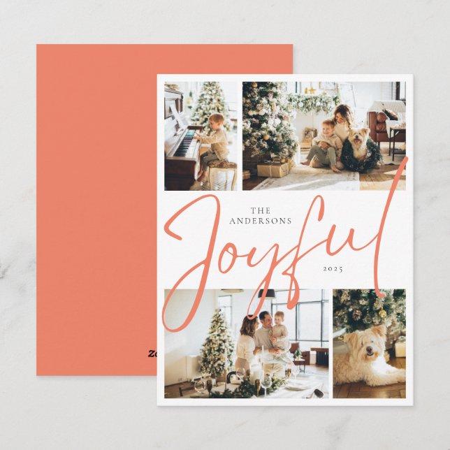 Orange Minimalist Four Photo Joyful Christmas Holiday Card (Front/Back)