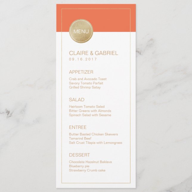 Orange minimalist modern wedding menu (Front)